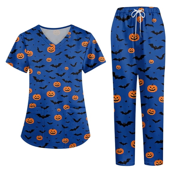 2026 Halloween Scrub Sets for Woman, Quick Dry, V-Neck, Short Sleeve Top & Pants Medical Uniform, Breathable Workwear with Pockets for Nurses & Healthcare Staff, 02-Dark Blue, M