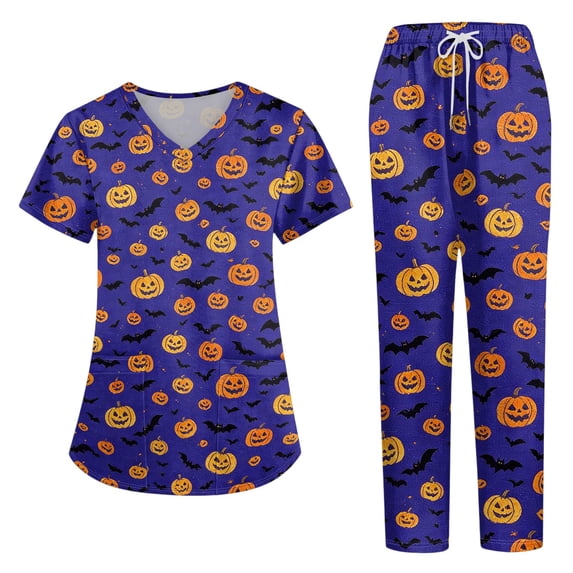 2026 Halloween Scrub Sets for Woman, Quick Dry, V-Neck, Short Sleeve Top & Pants Medical Uniform, Breathable Workwear with Pockets for Nurses & Healthcare Staff, 02-Dark Purple, XL