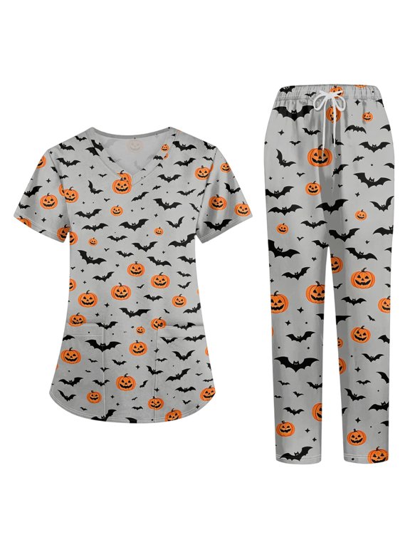2026 Halloween Scrub Sets for Woman, Quick Dry, V-Neck, Short Sleeve Top & Pants Medical Uniform, Breathable Workwear with Pockets for Nurses & Healthcare Staff, 02-Ginger, M