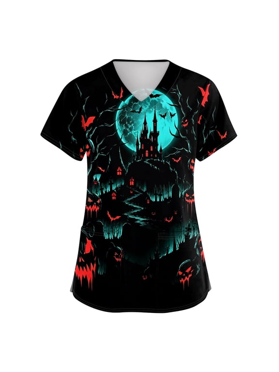 2026 Halloween Scrub Tops Women Funny Print Plus Size Scrubs for Women,Stretchy Nursing Pediatric Uniforms Shirts with Pockets, 01-Red, L