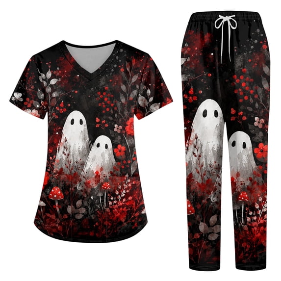2026 Halloween Scrubs Set for Women Medical Uniform Nurse Suit, Anti-Wrinkle Scrub Top Jogger Pant & Pockets,4 Way Stretch Workwear, 02-Deep Red, XXL