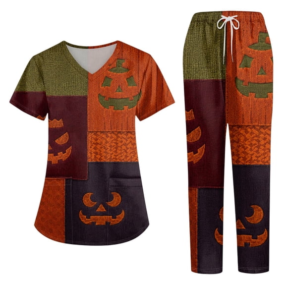 2026 Halloween Scrubs Set for Women Medical Uniform Nurse Suit, Anti-Wrinkle Scrub Top Jogger Pant & Pockets,4 Way Stretch Workwear, 02-Ginger, XL