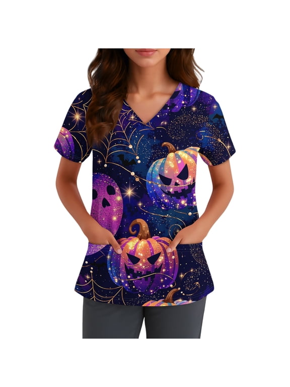 2026 Halloween Scrubs Tops for Women Holiday Fall Fashion Cute Printed Casual Soft Stretch Workwear Medical Uniforms Scrub Shirts 01-Purple-XL