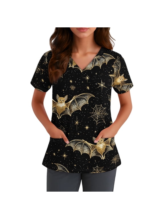 2026 Halloween Scrubs Tops for Women Holiday Fall Fashion Cute Printed Casual Soft Stretch Workwear Medical Uniforms Scrub Shirts 03-Black-XL