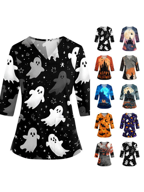 2026 Halloween Shirts for Women 3/4 Sleeve Witch Graphic Tees Vintage Festival Tops Black Bat Crew Neck Sweatshirts Funny Gifts Black M