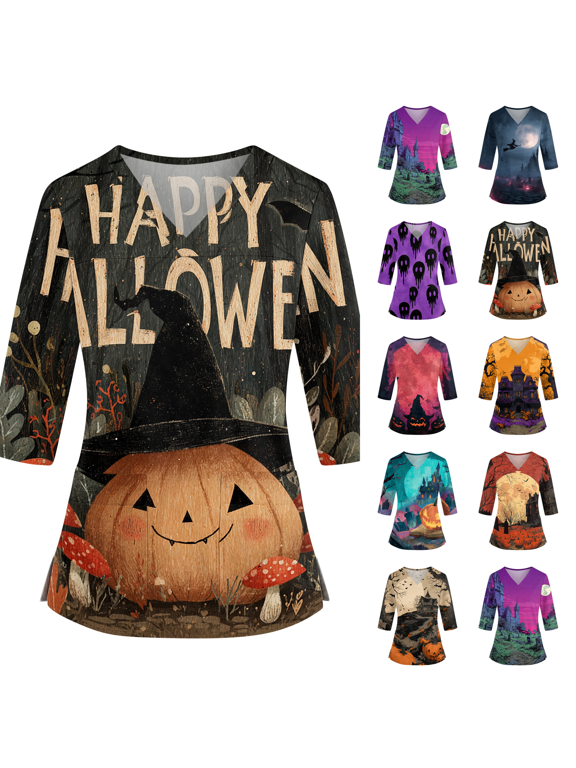 2026 Halloween Shirts for Women 3/4 Sleeve Witch Graphic Tees Vintage Festival Tops Black Bat Crew Neck Sweatshirts Funny Gifts Saffron M