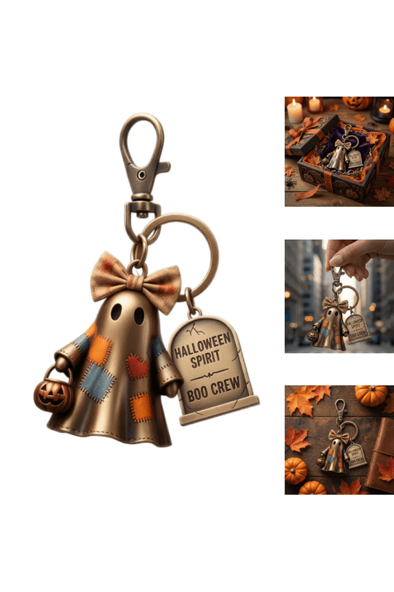 2026 Halloween Spirit Crew Ghost Keychain, Halloween Spooky Boo Key Ring with Bow & Tombstone, Wallet Car Keys Accessory Gift (1PC)