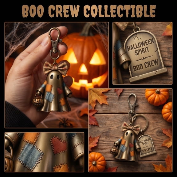 2026 Halloween Spirit Crew Ghost Keychain, Halloween Spooky Boo Key Ring with Bow & Tombstone, Wallet Car Keys Accessory Gift 1pcs
