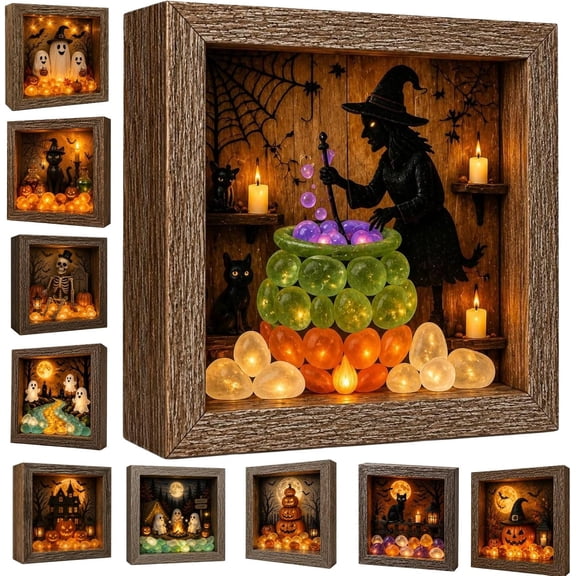 2026 Halloween Wall Decor, Jack O Lantern Decor, Shadow Box Frame, Halloween Pictures Wall Decor, 8X8 Inch Witch Hat Bat Pattern Glowing Picture Night Light