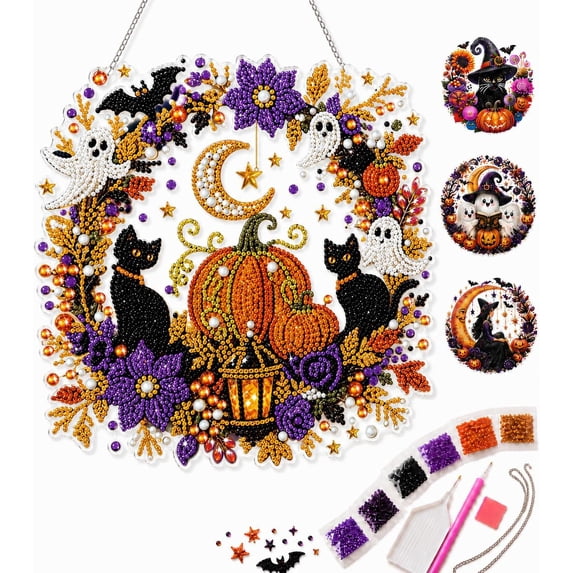 2026 Halloween Witch Friendship Diamond Art Window Suncatcher - Halloween Pearl Art Kit, Double-Sided Acrylic Sun Catcher, Diamond Art Hanging Kits for Adults Beginners