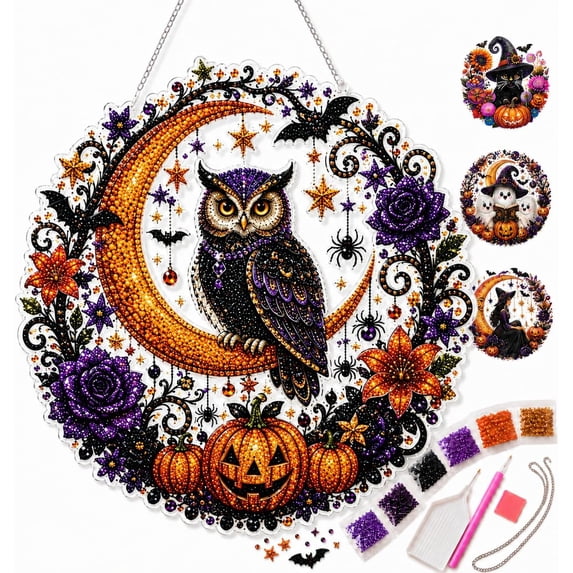 2026 Halloween Witch Friendship Diamond Art Window Suncatcher - Halloween Pearl Art Kit, Double-Sided Acrylic Sun Catcher, Diamond Art Hanging Kits for Adults Beginners