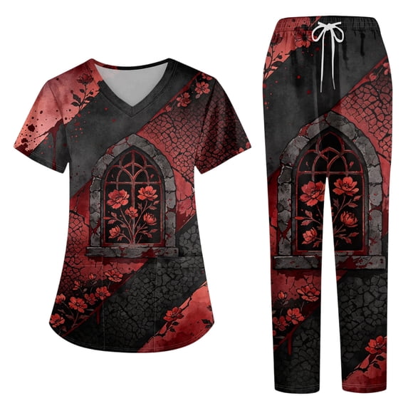 2026 Halloween Women’s 2-Piece Scrub Set, V-Neck Short Sleeve Top & Pants, Soft Medical Uniform with Pockets for Nurses, 01-Wine, L