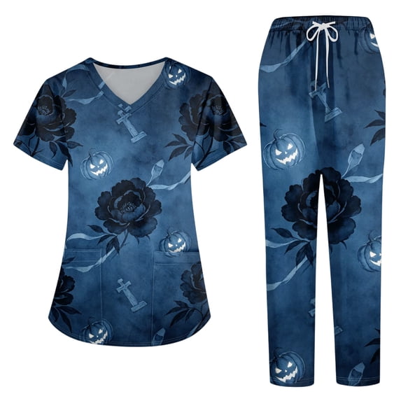 2026 Halloween Women’s Quick Dry Scrub Set, V-Neck Short Sleeve Top & Pants Medical Uniform, Breathable Moisture-Wicking Workwear with Pockets for Nurses & Healthcare Staff, 02-Dark Blue, L