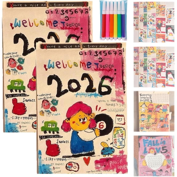 ‌2026 Hand-Painted Doodle Wall Calendar - Unique 12 Month Art Calendar with Colorful Illustrations, Large Date Grids for Home Office School Planning & Organizing, Wall Decor Gift