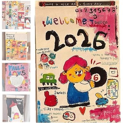 ‌2026 Hand-Painted Doodle Wall Calendar - Unique 12 Month Art Calendar with Colorful Illustrations, Large Date Grids for Home School Planning & Organizing, Artistic Wall Decor Gift