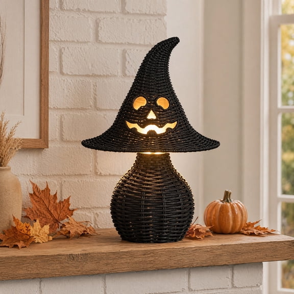 2026 Handcrafted Rattan Pumpkin Witch Hat Lamp Pumpkin Decorations, USB Powered Warm Light Halloween Jack-O-Lantern Wicker Light, Boho Farmhouse Fall Decor Night Light for Mantel Bedroom Party