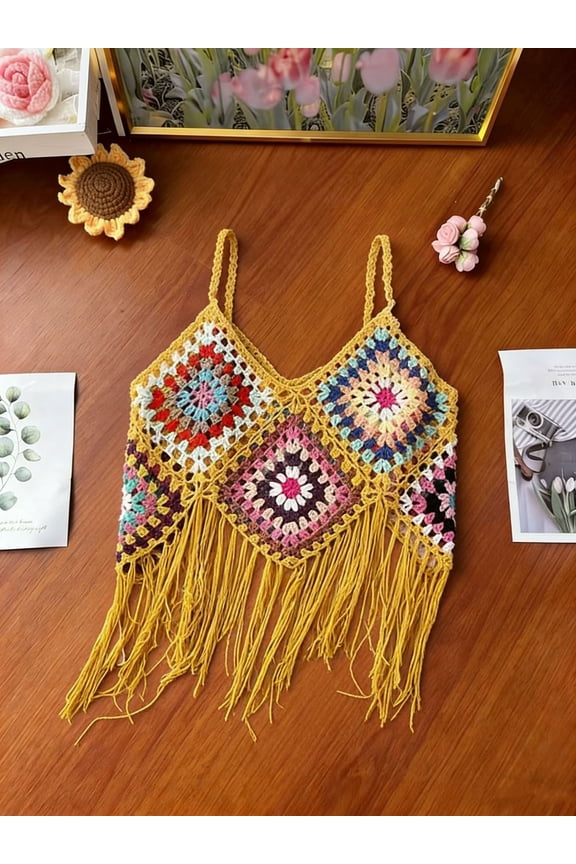 2026 Handmade Square Halter Top Crochet Tank Top for Women Fringe Beach Cover Up Boho Chic Festival Top Summer Outfit