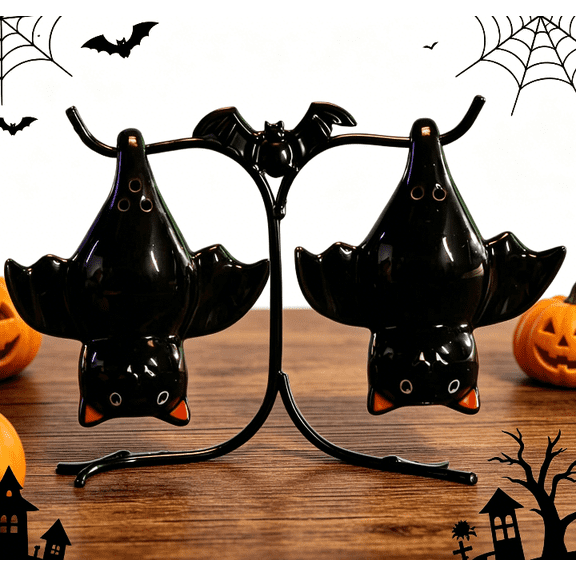 2026 Hanging Bats With Stand Salt and Pepper Set, Dual Season Bats Salt & Pepper Shakers with holder For Halloween & Summerween Themed Dinner Gathering Table Layouts