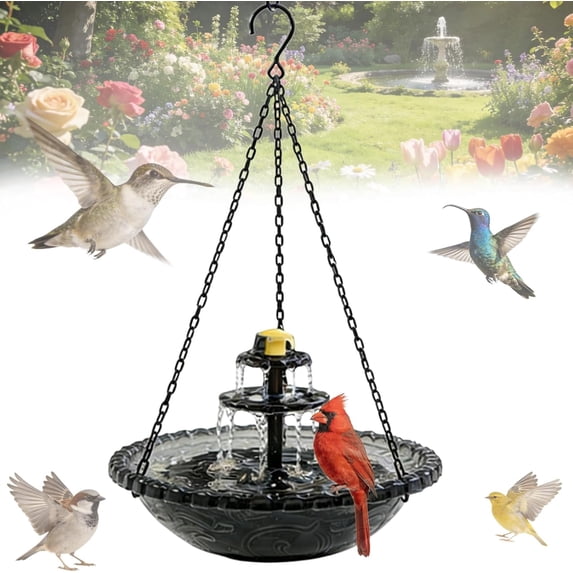 2026 Hanging Bird Bath with Solar Fountain, 9.25" Double Layer Outdoor Birdbath Fountain, Adjustable Height, Hummingbird Birdbath Fountain for Patio, Yard, Garden Decoration Gray