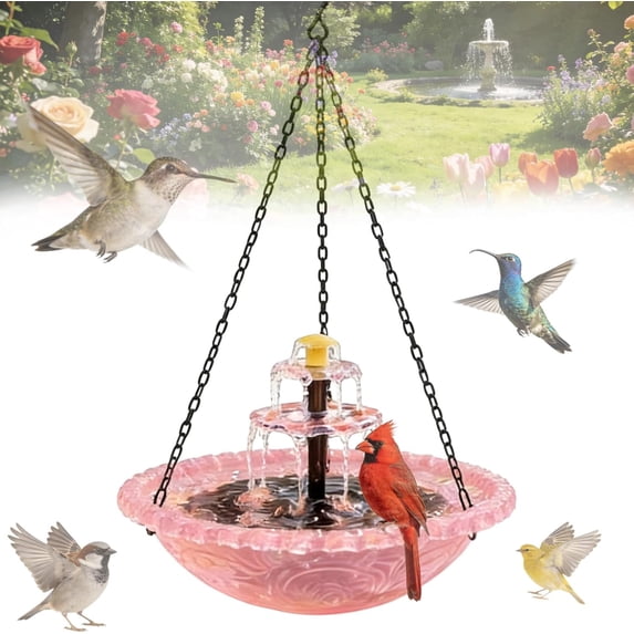 2026 Hanging Bird Bath with Solar Fountain, 9.25" Double Layer Outdoor Birdbath Fountain, Adjustable Height, Hummingbird Birdbath Fountain for Patio, Yard, Garden Decoration Pink