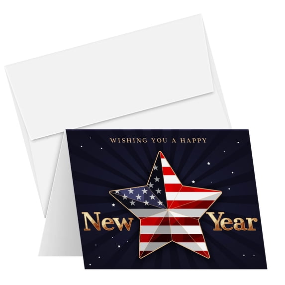 2026 Happy New Year America! – American Xmas Fold Over Greeting Cards & Envelopes (Blank Inside) – USA Patriotic Holiday Cards for Christmas and New Year’s Gift & Presents | 4.25 x 5.5” | 10 Per Pack