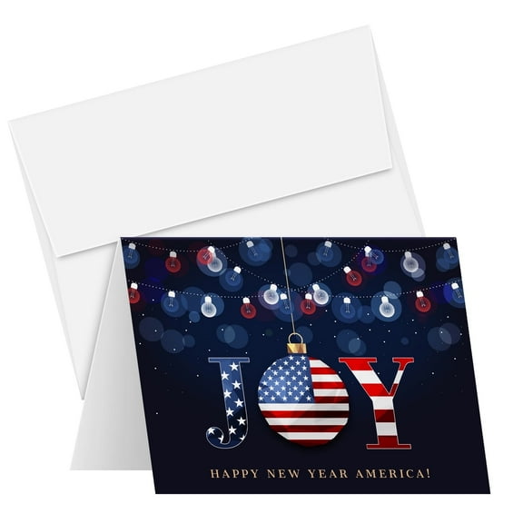 2026 Happy New Year America! – Xmas Fold Over Greeting Cards & Envelopes (Blank Inside) – Patriotic Holiday Cards for Christmas and New Year’s Gift & Presents | 4.25 x 5.5” | 10 Per Pack