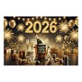 thumbnail image 1 of 2026 Happy New Year Backdrop, Gold Glitter Fireworks Champagne Gift Box Design, For New Year's Eve Party Christmas Winter Holiday Celebration - 1Pc, 1 of 2