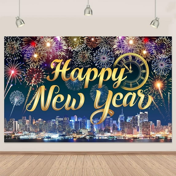 2026 Happy New Year Banner Backdrop 5.9×3.6 Ft Gold Glitter Happy New Year 2026 Decorations Banner with Clock Fireworks Sparkling Family Party Photo Booth