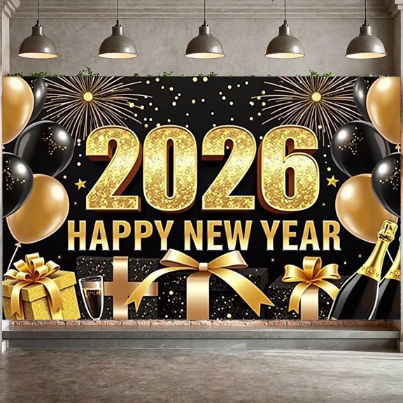 2026 Happy New Year Banner Extra Large Fabric Sign Poster Black Background Banner Firework Pattern Backdrop for New year Party Decoration Christmas Photo Booth Props