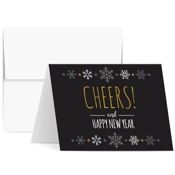 2026 Happy New Year – Blank Holiday Greetings Fold Over Cards & Envelopes – for Christmas and New Year’s Gifts and Presents | 10 Cards and 10 Envelopes per Pack | 4.25 x 5.5” (Black Cheers)