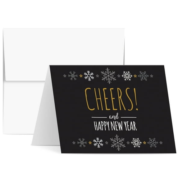 2026 Happy New Year – Blank Holiday Greetings Fold Over Cards & Envelopes – for Christmas and New Year’s Gifts and Presents | 10 Cards and 10 Envelopes per Pack | 4.25 x 5.5” (Black Cheers)
