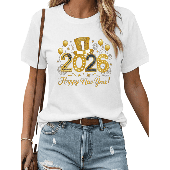 Women's 2026 Gold Foil Top Hat T-Shirt - Luxury Festive Celebration Short Sleeve Tops