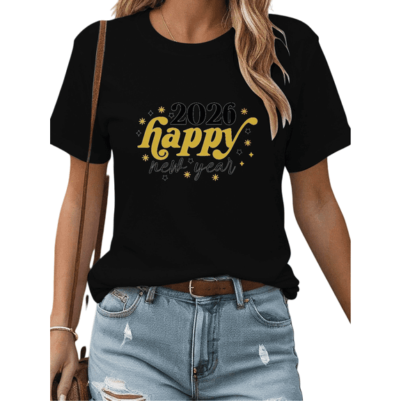 2026 Happy New Year Gold Print Tshirt Graphic Tees Shirts Black S-5XL New Year Celebration Outfit Tops