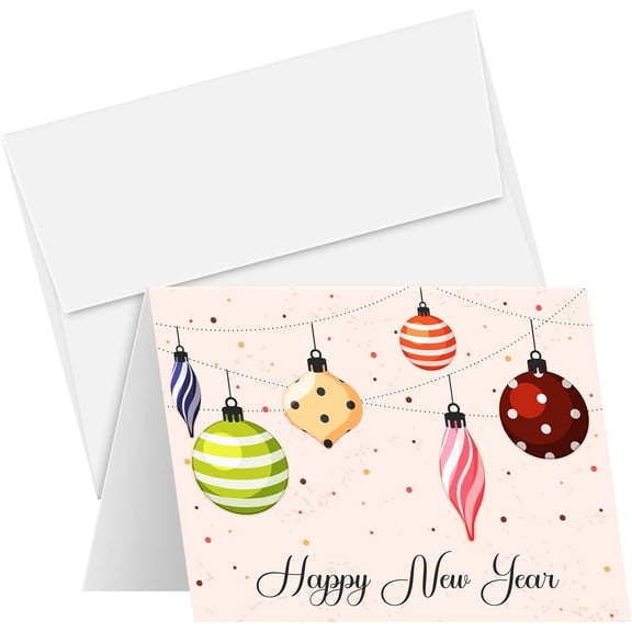 2026 Happy New Year Greeting Cards and Envelopes Bright Colorful Baubles, Christmas Xmas Holiday Greetings, Invitations, Thank You's, Announcements, Gift and Presents 10 Per Pack 4.25 x 5.5"