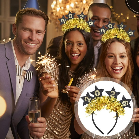 2026 Happy New Year Headbands Gold Crown Glitter Hair Accessories for Women Girls, Light up Rave Headbands Sparkling Gold Stars Head Tinsel Hair Accessories(B-9.45*8.46Inch)