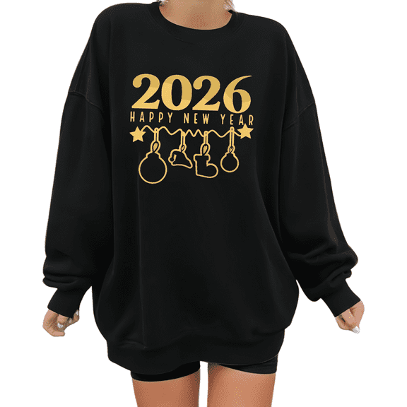Women's cotton Black Crew Neck Sweatshirt 2026 Happy New Year Gold Ornament Graphic Print Casual Pullover S-3XL
