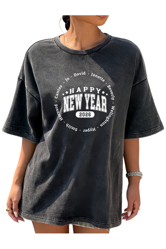 2026 Happy New Year Print Tshirt Graphic Tees Black Shirts S-5XL Family Circle Tops