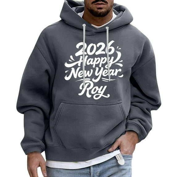 2026 Happy New Year Roy Pullover Hoodie Unisex Long Sleeve Casual Sweatshirt with Front Pocket Drawstring Hood Dark Gray XL