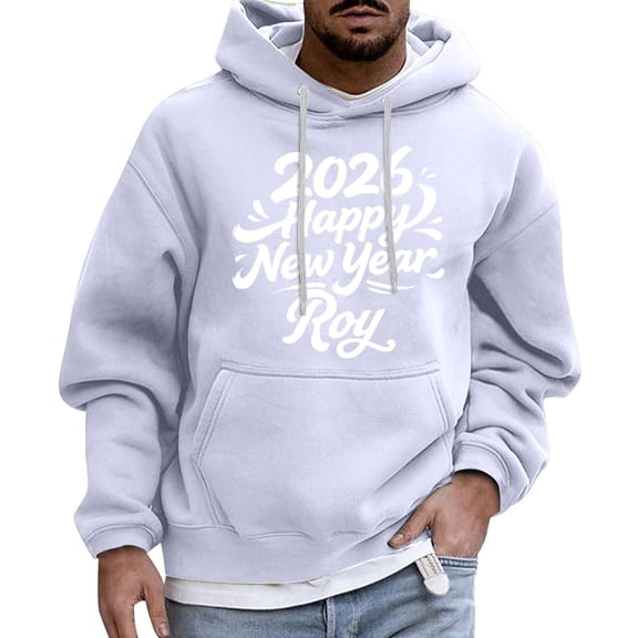 2026 Happy New Year Roy Pullover Hoodie Unisex Long Sleeve Casual Sweatshirt with Front Pocket Drawstring Hood White M