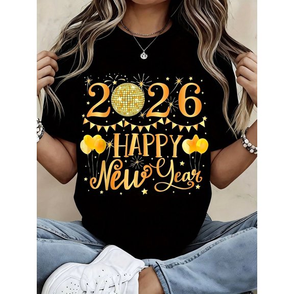 2026 Happy New Year Shirt Women's Black T-Shirt With Gold Glitter Design, Festive Party Tee For New Year Celebration, Casual Holiday Top For Women And Girls M