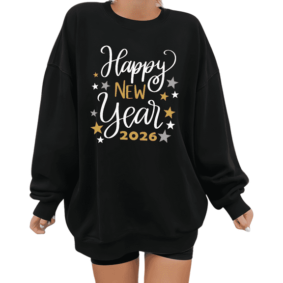 2026 Happy New Year Starry Retro Graphic Sweatshirt Black S-3XL Casual Tops