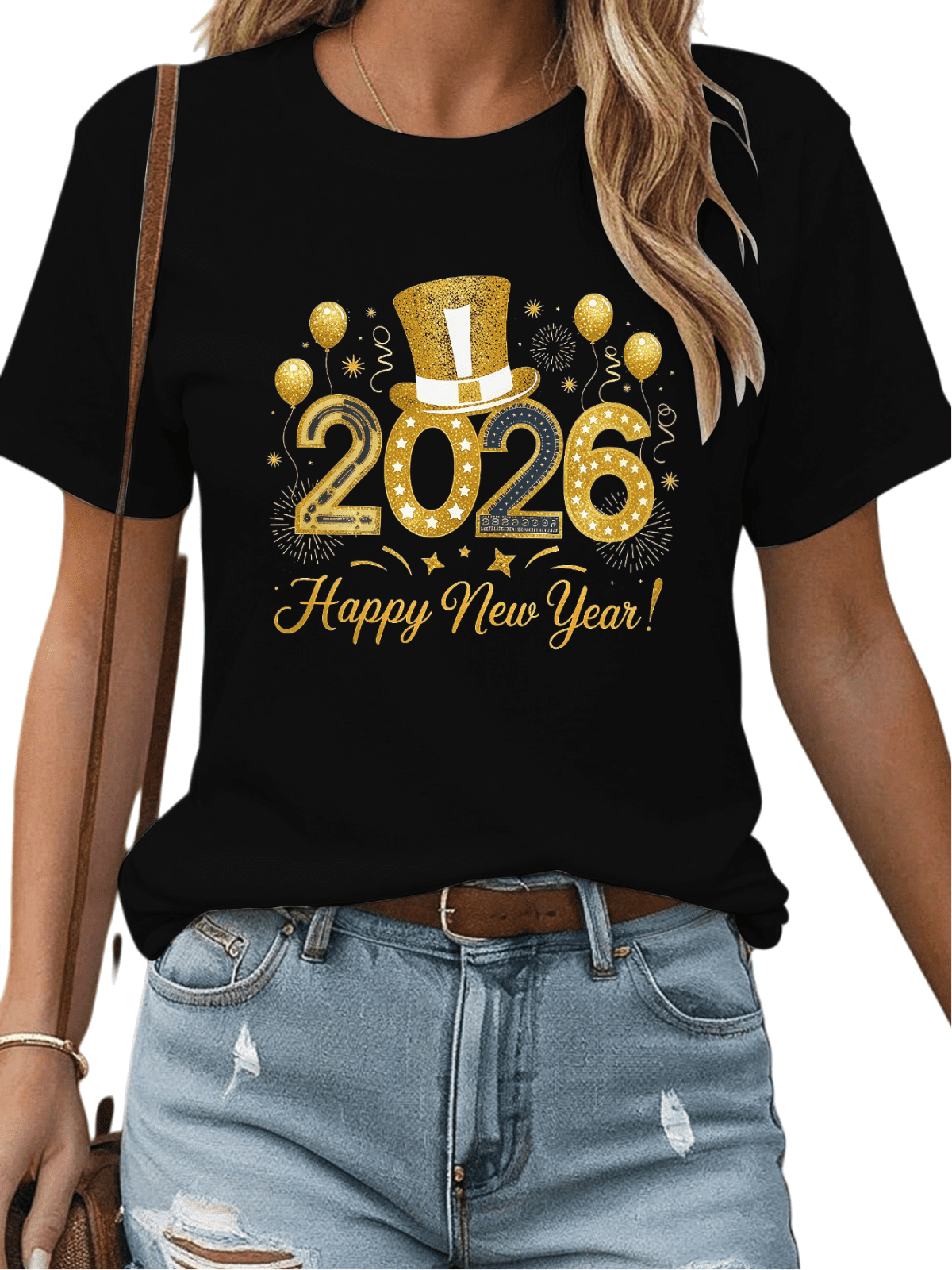 2026 Happy New Year Top Hat Theme Balloon Graphic Tee T Shirt Gold ...