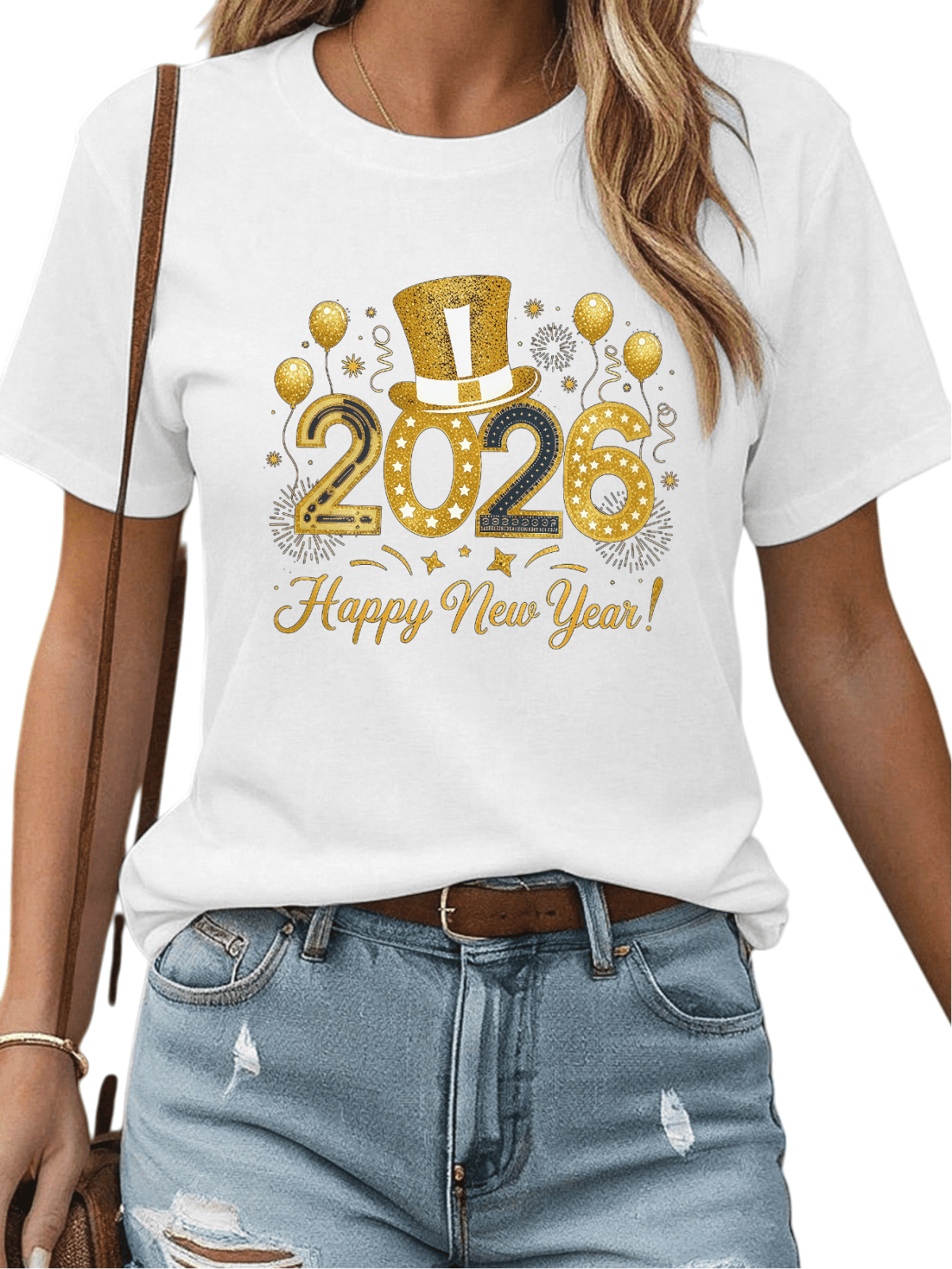 2026 Happy New Year Top Hat Theme Balloon Graphic Tee T Shirt Gold ...