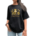 thumbnail image 1 of 2026 Happy New Year Top Hat Theme Balloon Graphic Tee T Shirt Gold Pattern Tops Short Sleeve Round Neck Black S-2XL Plus Size, 1 of 5