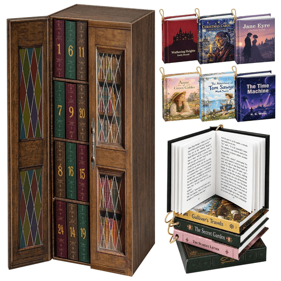 2026 Hardcover Mini Book Advent Calendar with Bookcase Box, 24 Classic Literature Mini Books, Christmas Tree Ornaments Gift for Book Lovers Adults Teens