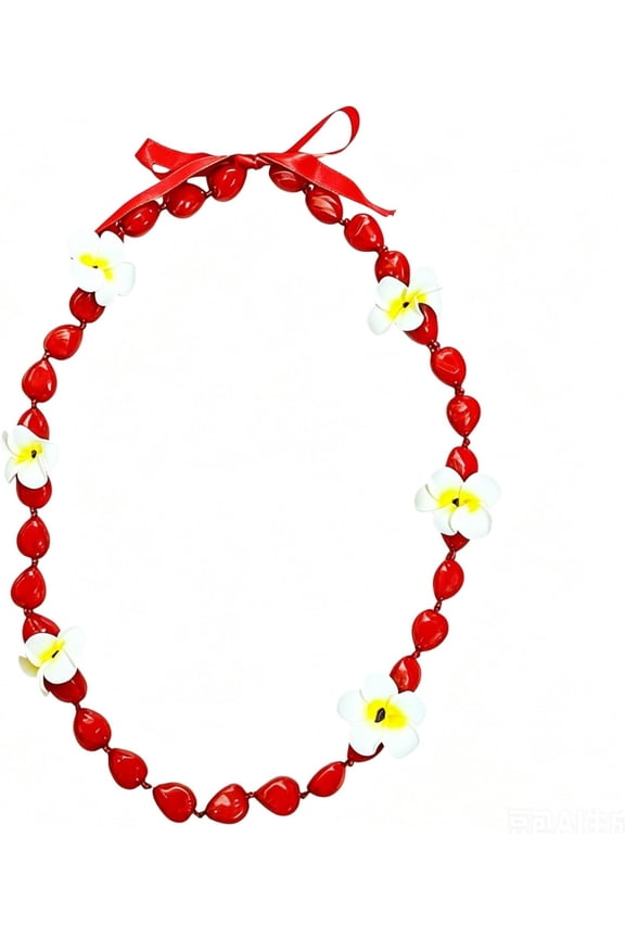 2026 Hawaiian Graduation Imitation Kukui Nut Leis Flower Necklace Tropical Ribbon Bow Artificial Plumeria Flower Tie Grad Party College Graduation