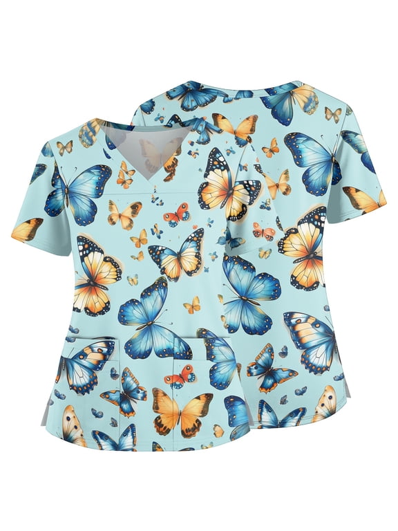 2026 Hawaiian Scrub Tops for Women Short Sleeve Vneck Stretch Holiday Scrub Shirt Floral Graphic Tees Nursing Workwear with Pockets Blue XL