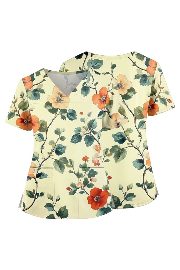 2026 Hawaiian Scrub Tops for Women Short Sleeve Vneck Stretch Holiday Scrub Shirt Floral Graphic Tees Nursing Workwear with Pockets Light Green XXXL