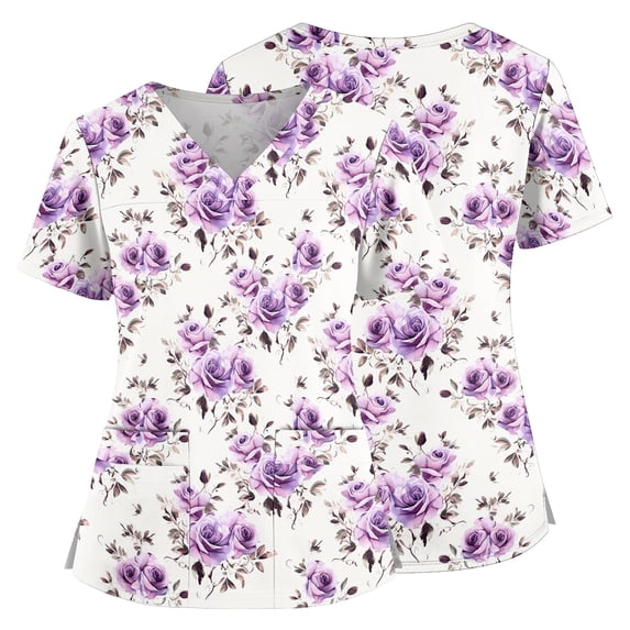 2026 Hawaiian Scrub Tops for Women Short Sleeve Vneck Stretch Holiday Scrub Shirt Floral Graphic Tees Nursing Workwear with Pockets Purple XXXL