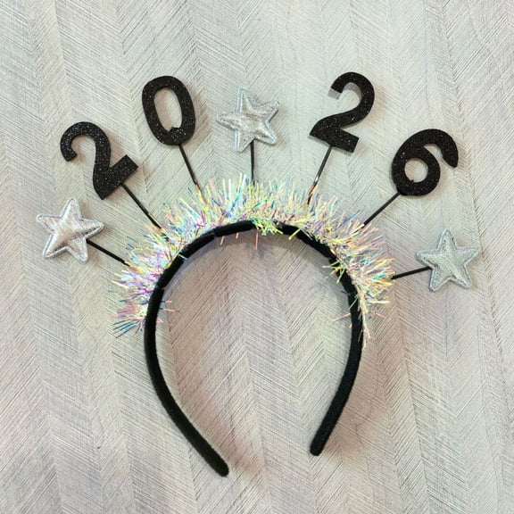2026 Headband New Year Accessories for Women Girls, Festive Party Headband Winter Christmas Holiday Celebration Hairband Silver